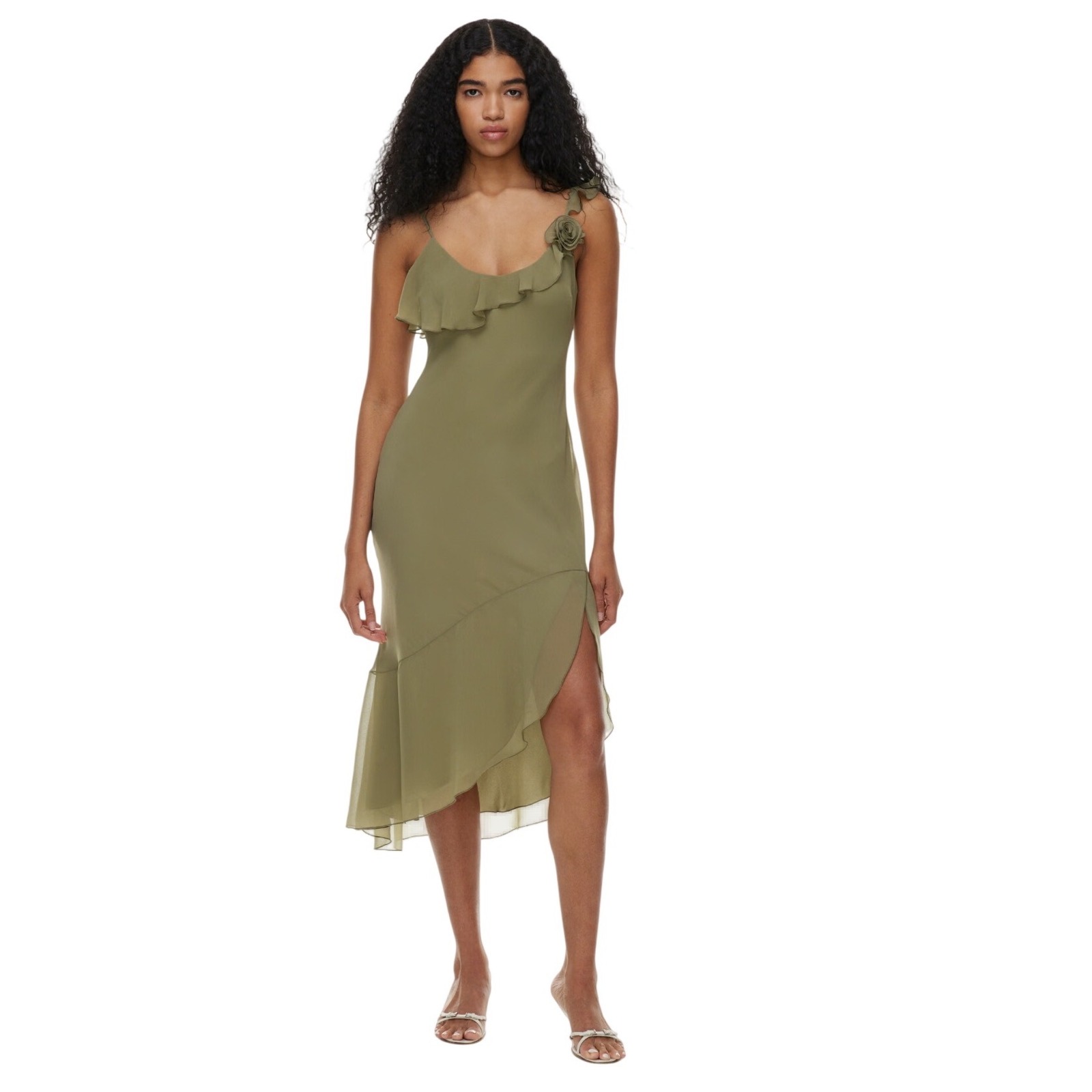 Wilfred Engage Dress Medium Olive Green Asymmetrical Ruffle Floral Midi Dress